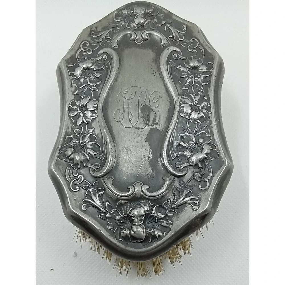 Antique‎ Art Nouveau Silver Tone Repousse Floral Monogram Vanity Clothes Brush